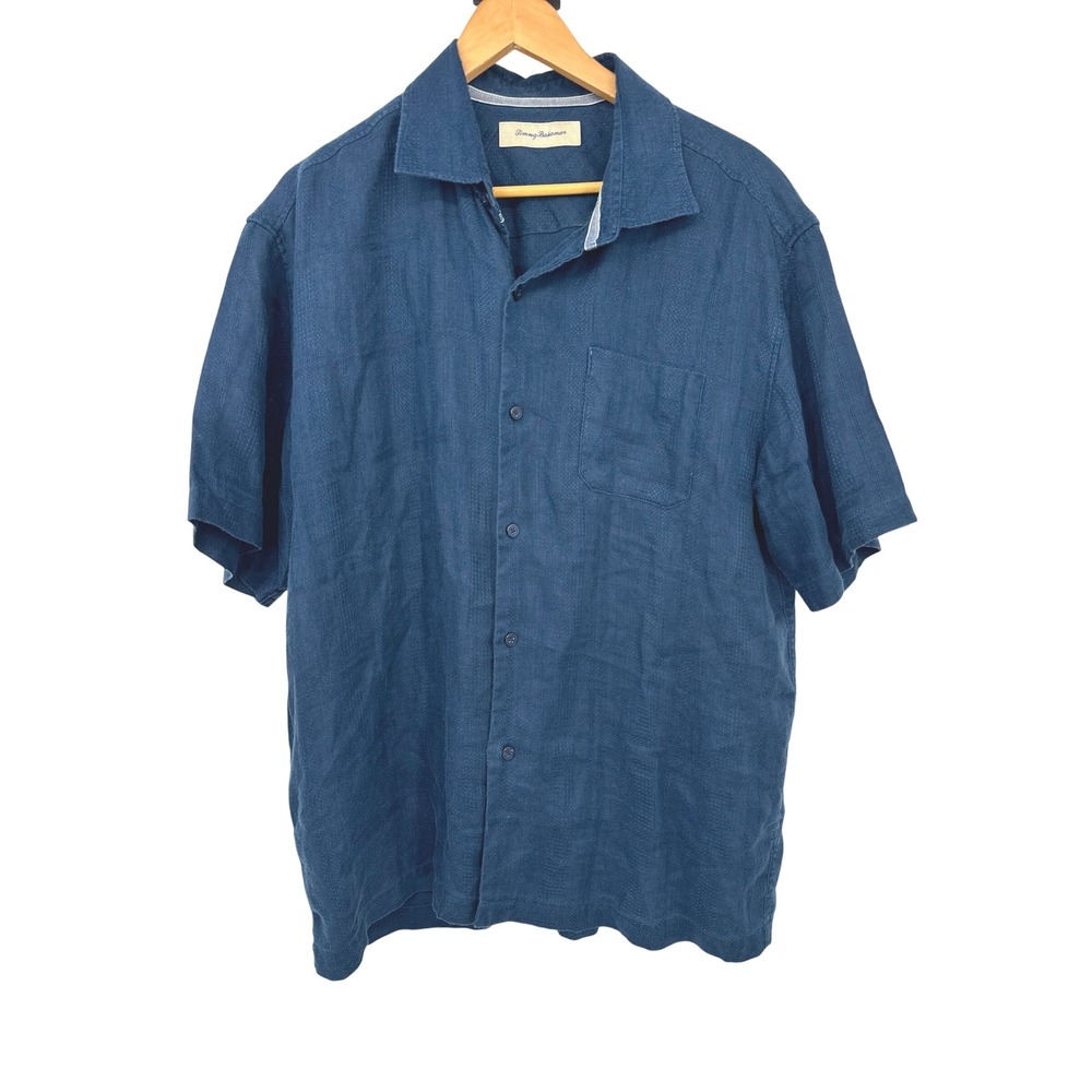 Tommy Bahama Shirt Mens XL Blue Linen Short Sleeve Button‎ Up Casual Coastal